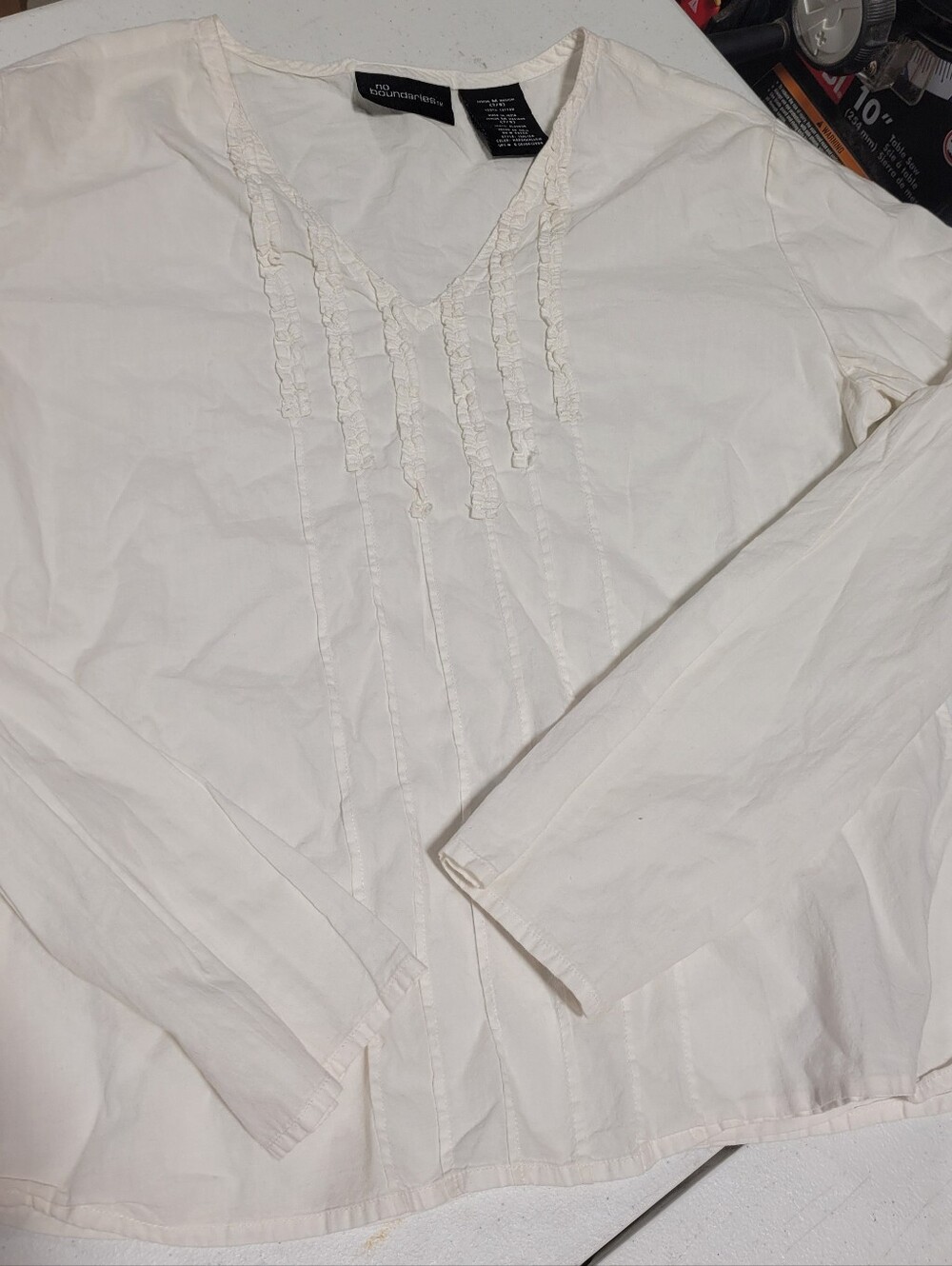 White Long Sleeve V-Neck Ruffle Front Top